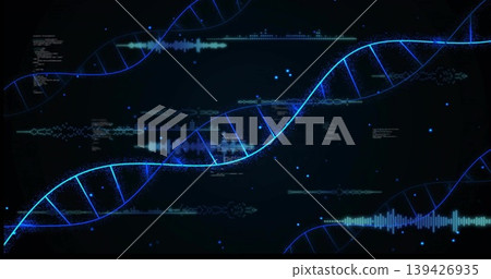 Displaying glowing blue DNA helix flowing across virtual data display, with waveform bars and code 139426935