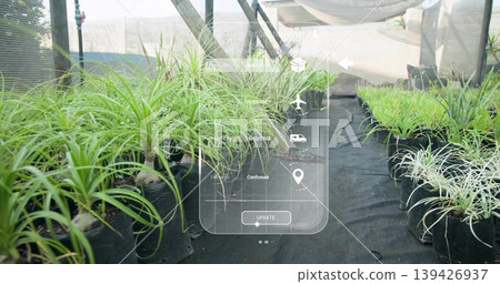 Showing rows of ornamental grass in black bags lining nursery aisle, overlaying AR logistics icons Showing rows of ornamental grass in black bags lining nursery aisle, overlaying AR logistics icons 139426937