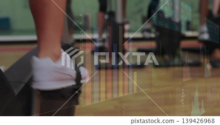 Stepping lower legs in white shoes on black step in studio, financial tickers overlay, copy space Stepping lower legs in white shoes on black step in studio, financial tickers overlay, copy space 139426968