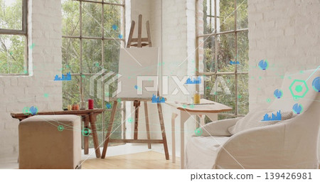 Standing wooden easel holding blank primed canvas in artist studio, with jars, palette, AR overlays 139426981