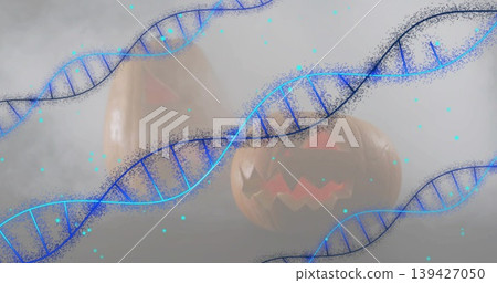Glowing two carved pumpkins casting warm glow on tabletop, surrounded by blue DNA helixes, cyan fog Glowing two carved pumpkins casting warm glow on tabletop, surrounded by blue DNA helixes, cyan fog 139427050