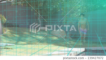 Standing shirtless man in pink trunks surveying backyard pool with teal grid overlay, copy space Standing shirtless man in pink trunks surveying backyard pool with teal grid overlay, copy space 139427072