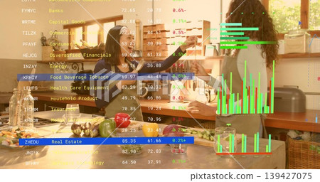 Passing two women in aprons preparing vegetables at kitchen island, holding glass, AR stock charts Passing two women in aprons preparing vegetables at kitchen island, holding glass, AR stock charts 139427075