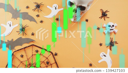 Translucent green-teal candlestick chart overlaying in orange flatlay, with skull prop and spiders 139427103