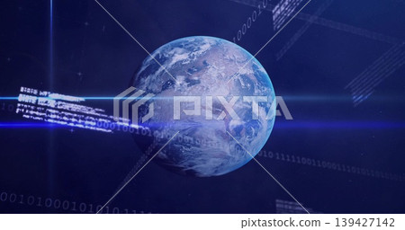 Rotating Earth-like planet showing clouds and continents in orbit, with blue beams streaming code Rotating Earth-like planet showing clouds and continents in orbit, with blue beams streaming code 139427142