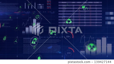 Displaying navy-blue data HUD presenting vertical bar charts, line plots, gauges, neon green icons Displaying navy-blue data HUD presenting vertical bar charts, line plots, gauges, neon green icons 139427144