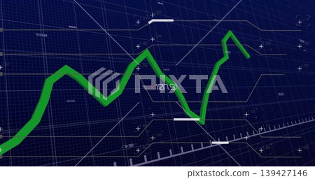 Displaying green beveled trend line moving across dark blue grid with ruler, showing 107 Displaying green beveled trend line moving across dark blue grid with ruler, showing 107 139427146