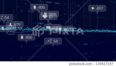 Displaying cyan or teal data band on navy analytics UI, with faint callouts showing icons and counte Displaying cyan or teal data band on navy analytics UI, with faint callouts showing icons and counte 139427147