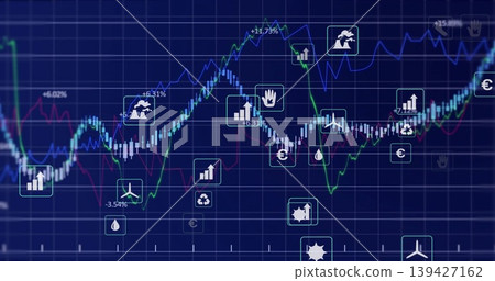 Displaying financial chart on trading display with blue green magenta lines candles % labels icons 139427162