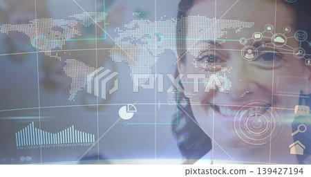 Presenting woman explaining dashboard in studio, showing world map, pie chart, HUD, copy space Presenting woman explaining dashboard in studio, showing world map, pie chart, HUD, copy space 139427194