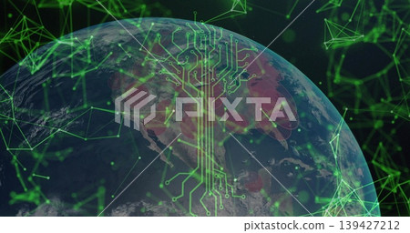 Displaying Earth globe in orbit showing neon-green network, circuit-tree, green points, red heatmap Displaying Earth globe in orbit showing neon-green network, circuit-tree, green points, red heatmap 139427212
