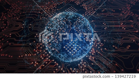 Glowing blue wireframe globe sending node signals across circuit plane, with copper traces 139427219