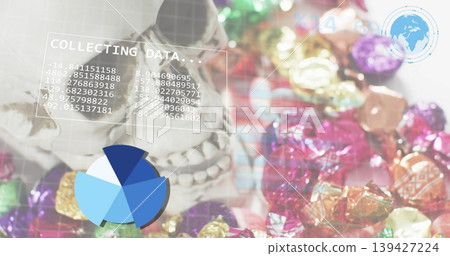 Displaying pale skull left-side in studio, showing data overlays and metallic wrappers, copy space Displaying pale skull left-side in studio, showing data overlays and metallic wrappers, copy space 139427224