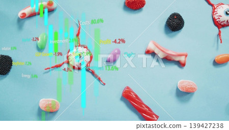 Showing smashed red-white candy oozing syrup on pastel blue table with cyan green charts, dentures Showing smashed red-white candy oozing syrup on pastel blue table with cyan green charts, dentures 139427238