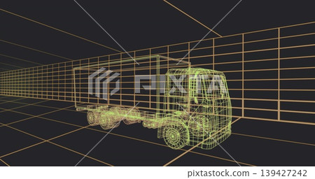 Showing neon wireframe box truck cab cargo chassis on grid, revealing wheels axles vanishing-point Showing neon wireframe box truck cab cargo chassis on grid, revealing wheels axles vanishing-point 139427242