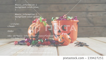 2 pumpkin buckets spilling candies or spiders on wood table, HTML overlay showing John Doe IT Manage 2 pumpkin buckets spilling candies or spiders on wood table, HTML overlay showing John Doe IT Manage 139427251