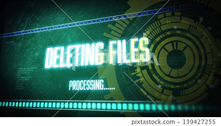 Displaying bold DELETING FILES headline pulsing on digital HUD, showing PROCESSING Displaying bold DELETING FILES headline pulsing on digital HUD, showing PROCESSING 139427255