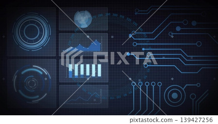 Displaying futuristic HUD centered on control screen, showing panels, radar, charts, circuit traces Displaying futuristic HUD centered on control screen, showing panels, radar, charts, circuit traces 139427256