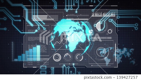 Displaying central holographic globe projecting data on dark grid HUD, with line charts, gauges Displaying central holographic globe projecting data on dark grid HUD, with line charts, gauges 139427257