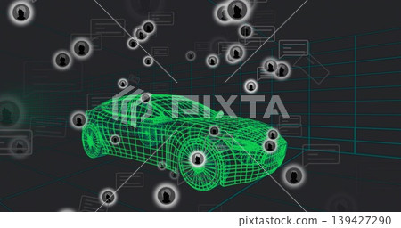 Displaying neon green wireframe sedan hovering in teal grid showing lit user nodes and chat links Displaying neon green wireframe sedan hovering in teal grid showing lit user nodes and chat links 139427290