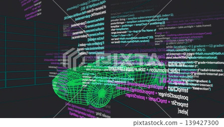 Rendering neon green wireframe car model rotating on grid floor, with floating code panels Rendering neon green wireframe car model rotating on grid floor, with floating code panels 139427300