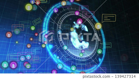 Displaying holographic globe within circular HUD at VR dashboard, showing avatars, chat boxes Displaying holographic globe within circular HUD at VR dashboard, showing avatars, chat boxes 139427314