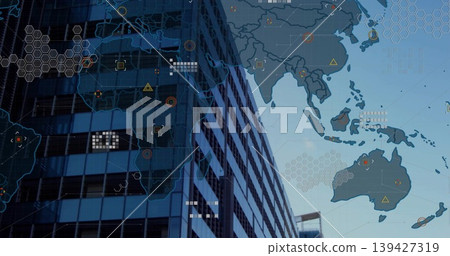 Displaying glass tower at street level reflecting windows and showing Asia map overlay, hex grid Displaying glass tower at street level reflecting windows and showing Asia map overlay, hex grid 139427319