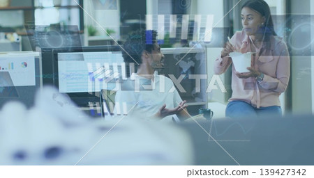 Discussing coworkers at office in white shirt pink blouse using chopsticks, glass-reflected data Discussing coworkers at office in white shirt pink blouse using chopsticks, glass-reflected data 139427342