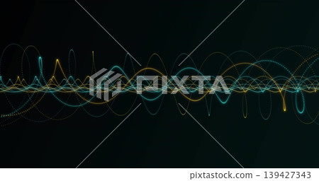 Glowing waveform band moving across dark gradient background, showing cyan and yellow neon traces Glowing waveform band moving across dark gradient background, showing cyan and yellow neon traces 139427343