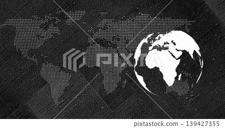 Showing white globe icon with Africa and Europe over halftone map for graphic design, copy space 139427355