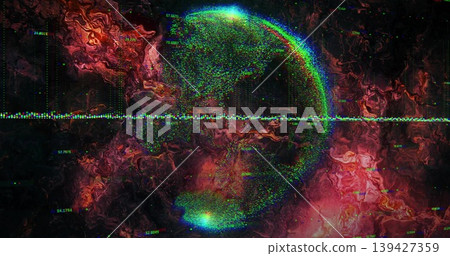 Pulsing particle orb rotating in cosmic display, streaming dotted data waveform and labels Pulsing particle orb rotating in cosmic display, streaming dotted data waveform and labels 139427359