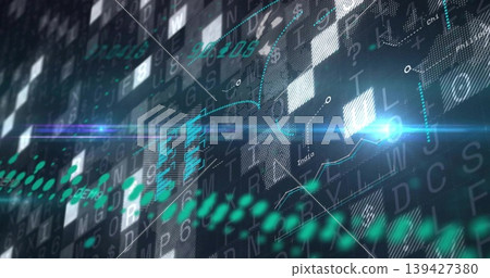 Glowing diagonal data wave and line-chart sweeping across HUD, with blue node and numeric glyphs 139427380