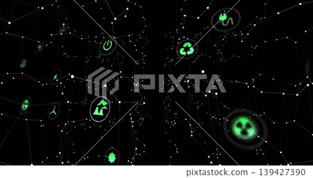 Forming 3D node-line mesh around central dark channel in digital space, with glowing green icons Forming 3D node-line mesh around central dark channel in digital space, with glowing green icons 139427390