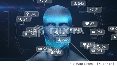 Glowing 3D dotted head and torso displaying notification badges and HUD rings in virtual cyberspace Glowing 3D dotted head and torso displaying notification badges and HUD rings in virtual cyberspace 139427421