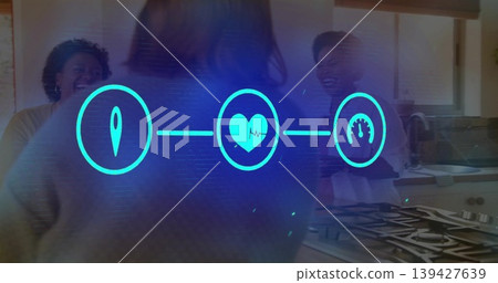 Chatting three women with central figure facing away in kitchen, HUD icons glowing Chatting three women with central figure facing away in kitchen, HUD icons glowing 139427639