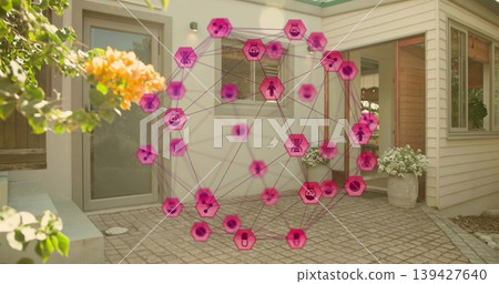 Floating pink hologram of hex nodes above sunny front patio, showing health lab icons Floating pink hologram of hex nodes above sunny front patio, showing health lab icons 139427640