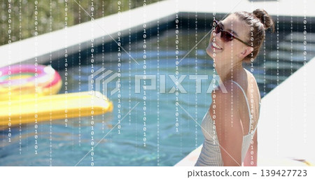 Sitting woman striped swimsuit wearing shades on white edge, yellow float, binary code, copy space 139427723