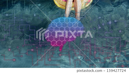 Floating woman in swimwear on yellow tube over teal water, brain graphic, magenta circuit lines Floating woman in swimwear on yellow tube over teal water, brain graphic, magenta circuit lines 139427724