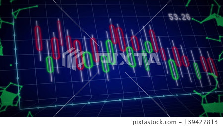 Displaying red green candles with white wicks on blue grid, showing cyan axis, neon network, 53 Displaying red green candles with white wicks on blue grid, showing cyan axis, neon network, 53 139427813