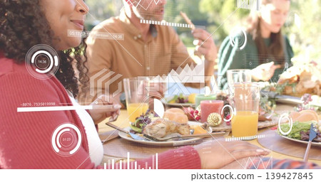 Eating woman in red sweater chatting at patio with roasted poultry and HUD overlays, copy space 139427845