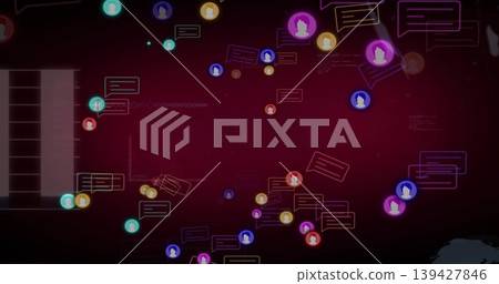 Floating colorful avatar icons and outlined chat bubbles across dark dashboard, with left panel 139427846