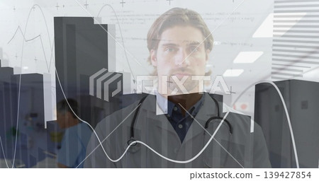 Standing central male clinician wearing white coat and stethoscope displaying data overlays in hall 139427854