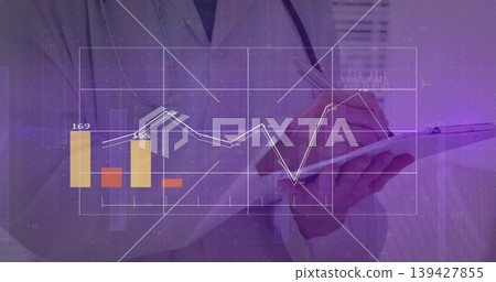 Writing clinician in white coat and stethoscope at clinic holding clipboard, pen with data overlay Writing clinician in white coat and stethoscope at clinic holding clipboard, pen with data overlay 139427855