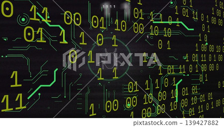 Highlighting central bug pulsing in circular target on cyber grid, with green-yellow binary digits Highlighting central bug pulsing in circular target on cyber grid, with green-yellow binary digits 139427882