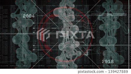 Displaying central clear molecular helix at digital lab display, showing red HUD, 2004 and 2018 Displaying central clear molecular helix at digital lab display, showing red HUD, 2004 and 2018 139427889