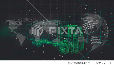 Navigating neon-green wireframe semi-truck moving across 3D grid, with dotted map and nodes 139427924