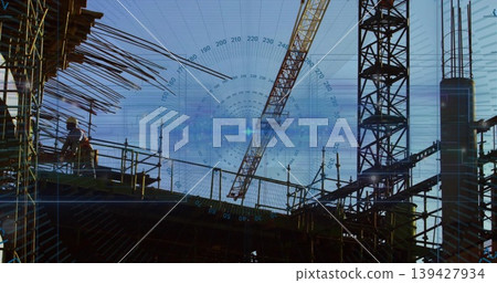Showing tower crane and scaffolding spanning highrise site, with workers wearing hard hats Showing tower crane and scaffolding spanning highrise site, with workers wearing hard hats 139427934