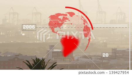 Hovering stylized red globe overlaying harbor, showing container cranes and palm silhouette 139427954