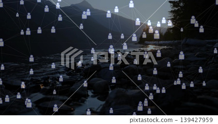 Overlaying avatar network and lines spanning lakeshore at sunset over rocks, pools, ridge, trees Overlaying avatar network and lines spanning lakeshore at sunset over rocks, pools, ridge, trees 139427959