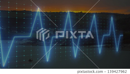 Glowing neon-blue ECG waveform overlaying calm water at dusk, with turquoise dotted grid and dinghy 139427962